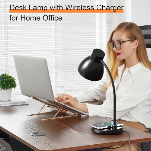 Vicsoon Black LED Desk Lamp with Wireless Charger, Dimmable Office Light