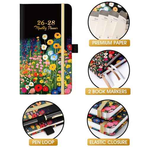 Pocket Calendar 2026-2028 - 3-Year Monthly Pocket Calendar from January 2026-December 2028, 6.4" x 3.8", 2026-2028 Pockets Calendars for Purse, Monthly Planner with Bookmark