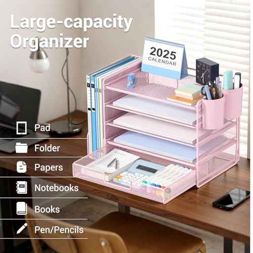 Desk Organizers and Accessories with File Holder, 5-Tier Office Desk Accessories & Workspace Desktop Organizer with Drawer and 2 Pen Holder, File Paper Organizer for Office Supplies(Pink)