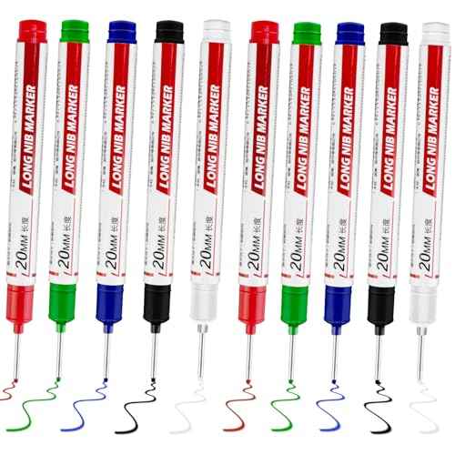 10 Pcs Long Head Deep Hole Marker - Long Nib Marker, Multi-purpose Deep Hole Marker Pens, Quick Dry Waterproof Colorful Carpenter Pen Markers for Construction Bathroom Woodworking