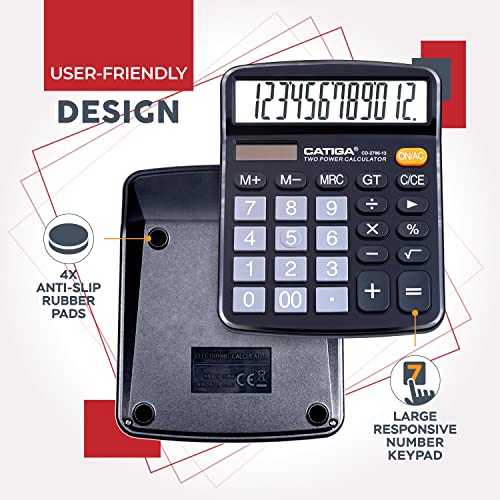 CATIGA Black 12-Digit Desktop Calculator with Large LCD & Big Buttons - Solar & Battery Powered
