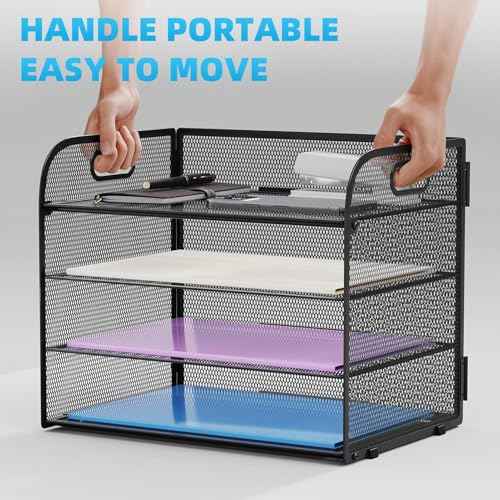 Marbrasse 2 Pack 4 Tier Paper Organizer Letter Tray - Mesh Desk File Organizer with Handle, Paper Sorter Organizer for Letter/A4 Office File Folder Holder (Black, 12.6" x 9.1" x 10.7")