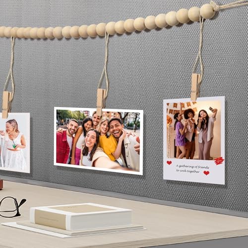 Office Cubicle Photo Display with 9 Wooden Clips & Fabric Hooks - Boho Desk Decor