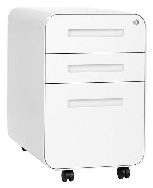 Laura Davidson Furniture Stockpile 3 Drawer File Cabinet with Lock - Under Office Desk Metal Filing Cabinet, Legal/Letter File Folders, Wheels and Stationary Feet, Pre-Assembled, White