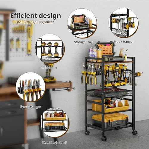Power Tool Organizer Cart with 4 Wheels,Heavy Duty Utility Rack whth 6 Hooks,Floor Standing Rolling Tool Cart,Black