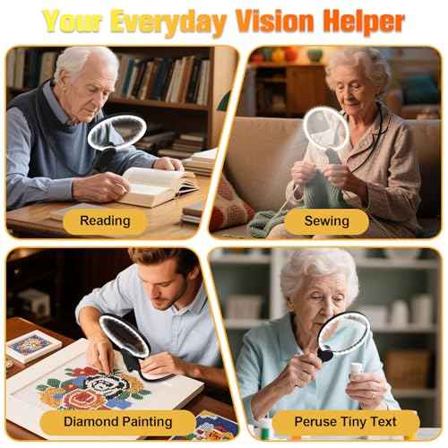 Hands Free Magnifying Glass with Light for Close Work, 5.5 Inch 5X Lighted Magnifying Glass, Neck Wear Magnifier for Reading Books, Sewing, Cross Stitch, Low Vision Seniors with Aging Eyes