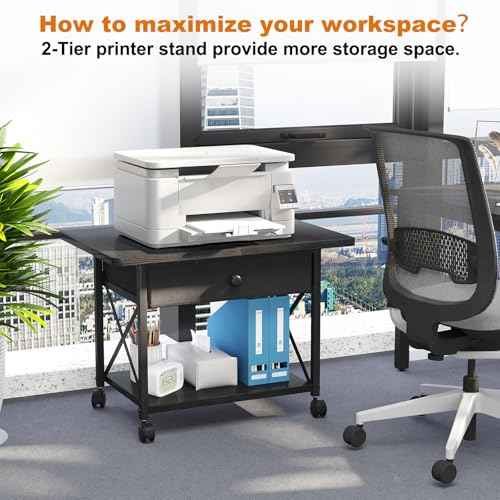 EasyCom 23.6" x 15.7" Extended Desktop Printer Stand with Storage Drawer, 2-Tier Under Desk Shelf Rolling Printer Cart with Wheels, Large Table for Home Office Fits 3D Printer Scanner Black
