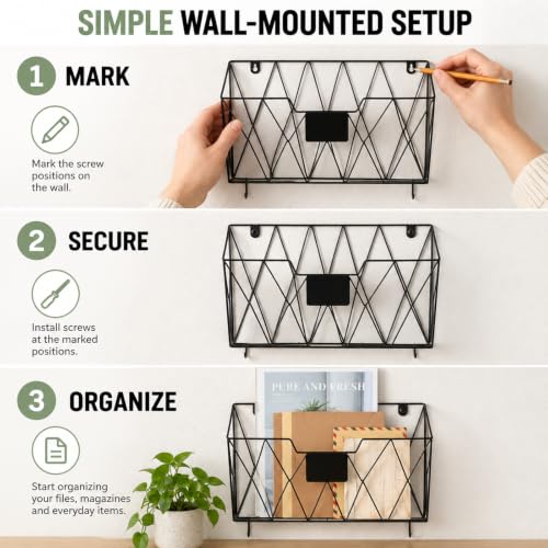OYEAL 3 Pack Black Metal Wall File Organizer Hangings for Home Office