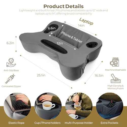 Lap Desk Pillow - Cushioned Lap Pillow for Reading, Gaming, Work & Travel, Soft & Portable Laptop Desk for Bed, Couch, or Car, Ergonomic Support for Laptops & Tablets (Grey)
