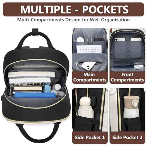 Laptop Backpack for Women College Bookbag - 17.3 Inch Fashion Travel Work Bag with USB Charger Anti-theft Business Backpacks for Nurse Teacher Beige Black Brown