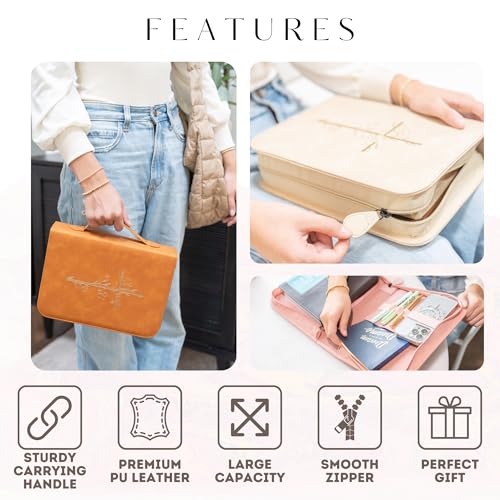 Bible Cover Case for Women ? PU Leather Large Bible Case with Minimalist Debossed Design ? Christian Bible Accessories for Girls & Women (Beige/Gold)