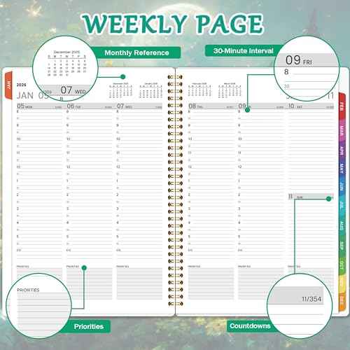2026 Appointment Book/Planner - Appointment Book 2026, Jan.2026 - Dec.2026, 9" x 11", Daily/Hourly Planner 2026 with 30-Minute Increments, Twin-Wire Binding + Colorful Tabs + Back Pocket, Dreaming Moon