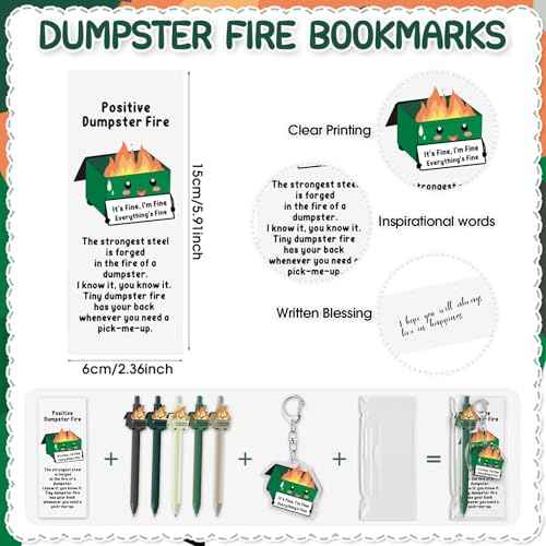 100 Sets Dumpster Fire Pen Gifts for Coworker Positive Funny Pens Dumpster Fire Desk Accessories Acrylic Keychains Bookmarks Support Gifts for Team Coworker Teachers Boss Nurse