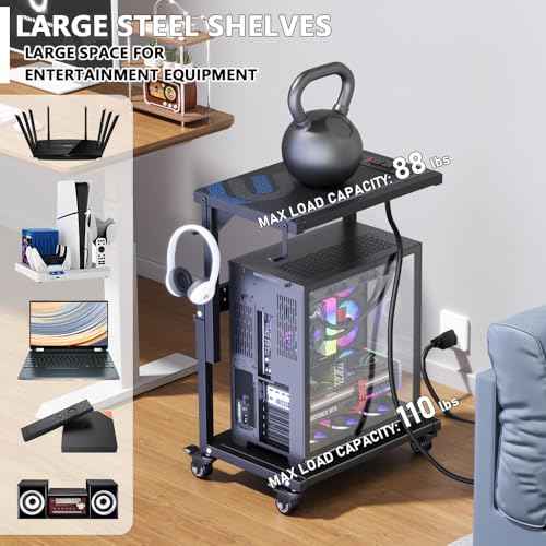 Computer Tower Stand with Power Outlet, 6 Level Height Ajustable PC Tower Stand for Floor, Mobile Rolling CPU Holder Cart for Gaming, Office, Home, 21.34"-28.3", Black