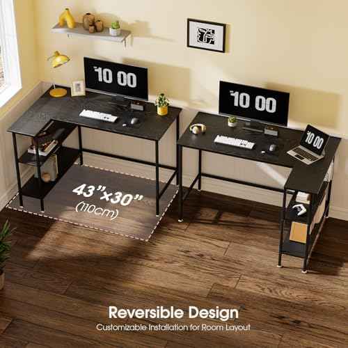 43" L Shaped Office Desk with Reversible Storage Shelves Can be Used as a Game Desk or Computer Desk Modern Design Corner Desk £¨Black£©