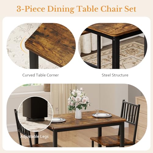Rovibek 3-Piece Small Dining Table Set for 2 - Brown, Adjustable Feet, Modern Kitchen Nook