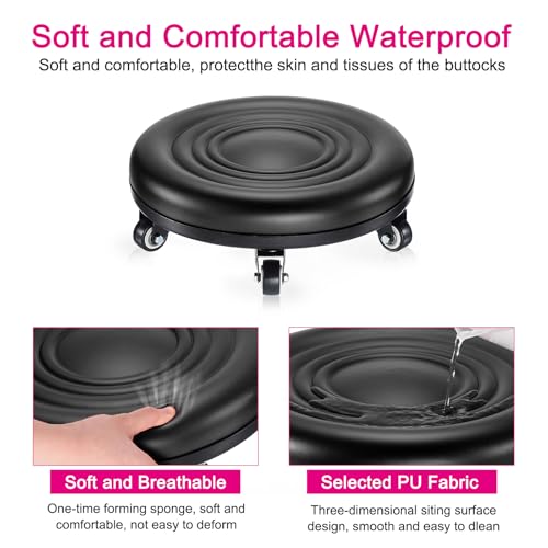 PATIKIL Low Rolling Stool Chair - PU Leather Universal Wheel Seat for Home Office Fitness - Round Roller Stool (Black)