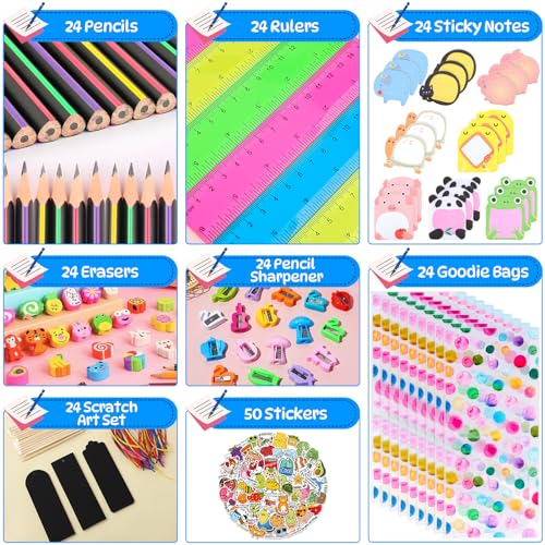 Stationery Party Packs, 24 Pack Birthday Goodie Bags for Kids with Pencils Rulers Erasers Perfect Classroom Rewards Student Gifts School Class Goodie Bag Return Gifts