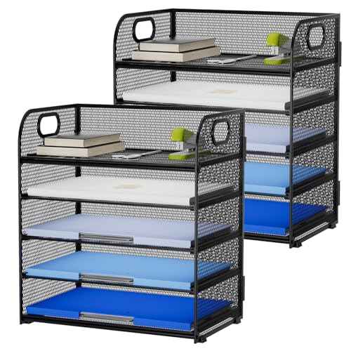 Marbrasse Desk Organizer - 5 Tier Paper Letter Tray, Mesh File Organizer with Handle for Office, School and Home
