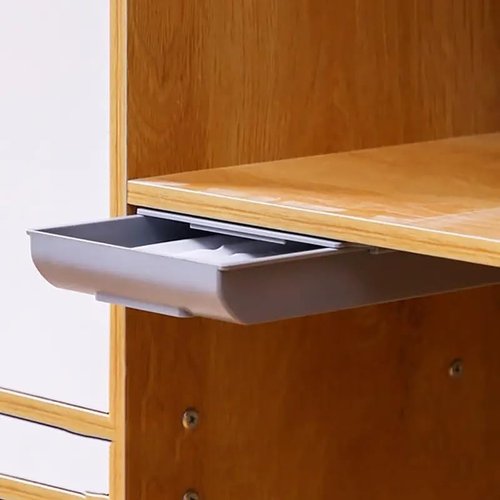 1pc Hidden Adhesive Drawer Storage Box Under The Desk, Fixed Square Office Stationery, Makeup Pen, Drawer Style Non Perforated Anti theft Storage Box Under The Desk