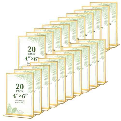 20 Pack Gold Acrylic Sign Holders 4x6 Inch, Double Sided Vertical Stand Clear Picture Frames, Table Menu Display Holders for Wedding Table Numbers, Restaurant Signs, Party and Office Photos
