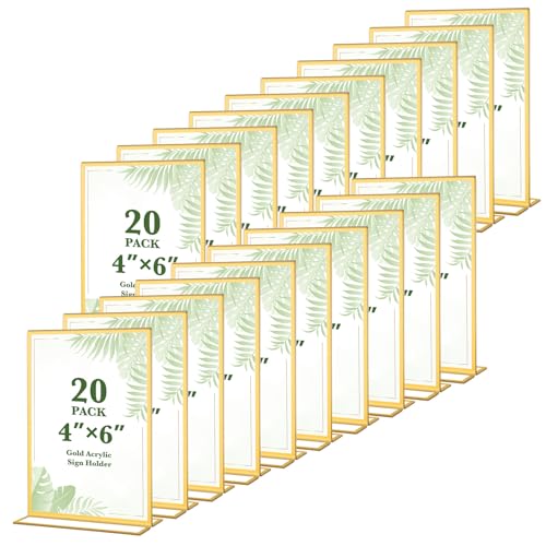 20 Pack Gold Acrylic Sign Holders 4x6 Inch Vertical, Wedding & Tabletop Frames