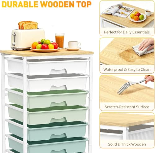 SUNALLY Green Rolling Cart with 8 Drawers, Heavy-Duty Storage Organizer