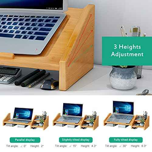 Ufine Bamboo Laptop Stand for Desk 3 Heights Adjustable Notebook Stand Computer Monitor Riser with 2 Tier Storage Shelf, Desktop Organizer Printer Stand for Home Office