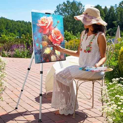 Art Easel Stand for Painting or Sign, Portable Adjustable 66 inches Display Tripod Artist Floor Aluminum Metal Easel with 1 Bag for Table-top/Floor Drawing, Sturdy for Canvases Displaying - Silver