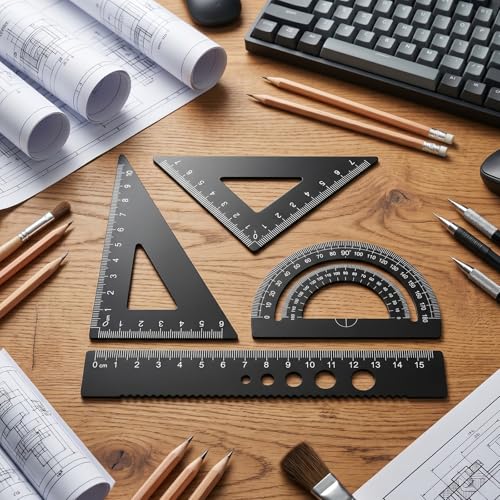 Viliqiou 4-Piece Metal Geometry Ruler Set with Protractor & Storage Box