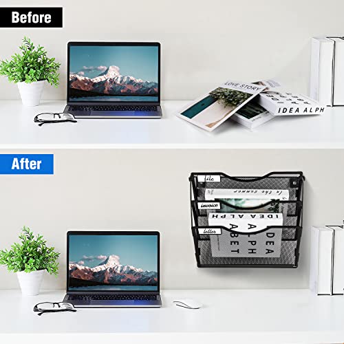 BOHDK 3-Pocket Wall File Organizer Black Foldable Hanging Mail Holder with Label Panel