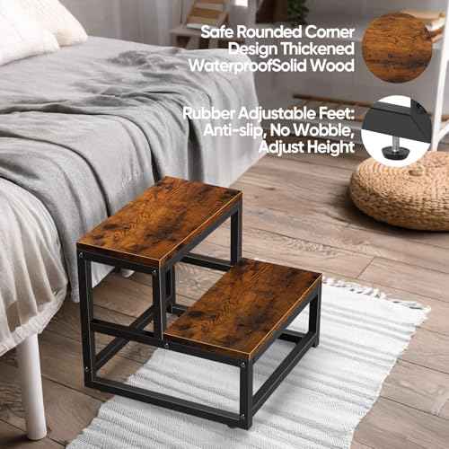 Wood and Metal 2 Step Stool for Adults & Kids ? Heavy Duty Rustic Step Stools, 500 Lbs Capacity Non-Slip Stepping Stool for High Beds, Kitchen, Bathroom, Closet, Durable Foot Stool for Home Use