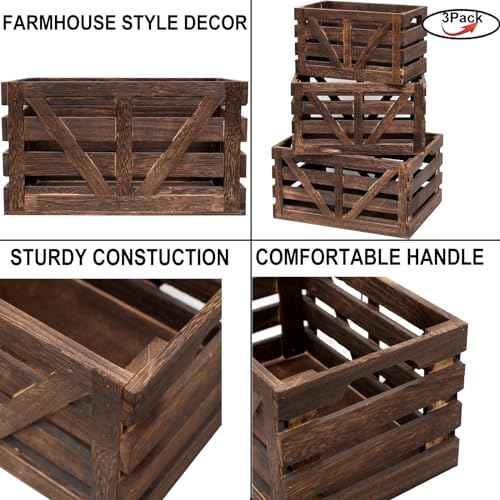 Wooden Storage Crates Nested Crates Set of 3 (Large,Medium,Small),Farmhouse Decorative Boxes with Handles for Home Organization,Display,Brown Wood Crates