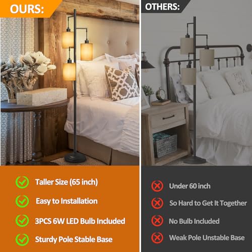 3 Lights Boho Floor Lamps with ON/Off Foot Switch Tree Standing Lamp with Hanging Lampshades Farmhouse Floor Lamp Tall Pole Lamp for Living Room Bedroom Office, 3 PCS 6W Bulbs Included