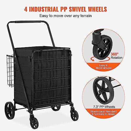 VEVOR Folding Shopping Cart with Removable Waterproof Liner, 210LBS Large Capacity Jumbo Grocery Cart with Dual Basket, 360¡Æ Swivel Wheels, Dense Metal Mesh Base, Heavy Duty Utility Cart for Shopping
