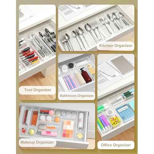 15Pcs Clear Plastic Drawer Organizers Set, 4size makeup drawer organizer trays for vanity/desk/bathroom/office/nightstand/gadgets for kitchen/desk drawer, Versatile drawer divider storage bins