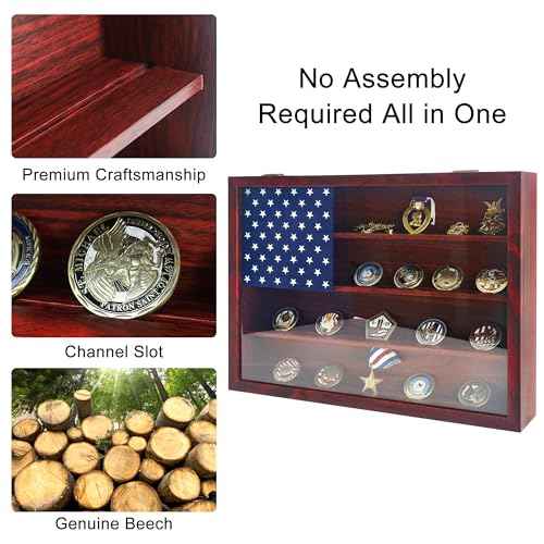 Military Challenge Coin Display Frame 12x16, Wooden American Flag Wall Decor Medal Display Case, Government Military Challenge Coin Holder Red
