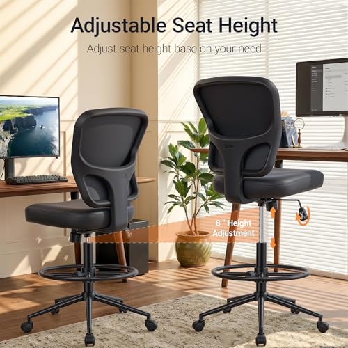 Armless Tall Drafting Chair with Adjustable Height – PU Leather Office Stool