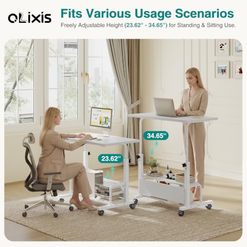 OLIXIS White 32in Rolling Adjustable Desk with Storage Shelves - Home Office
