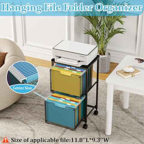 Rolling File Cart with 2 Storage Drawers, Under Desk Storage, Hanging File Folder Organizer with Wheels, Printer Stand Utility Craft Cart Filing Cabinet for Home Office,Black