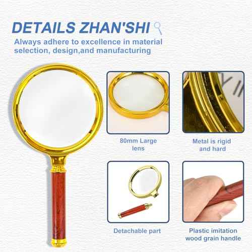 10x Handheld Magnifier, Reading Magnifier for Children Elderly for Hobbies and Science, 80mm Plastic Gold Plated Frame Electroplated Faux Wood Grain Handle