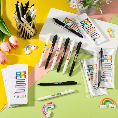 Spakon 300 Sets Rainbow Gay Pride Gift Include Retractable Writing Ballpoint Pen Paper LGBT Greeting Cards OPP Bags for Lesbian Pride Month Love Is Love Anniversaries Women Men Office Supplies