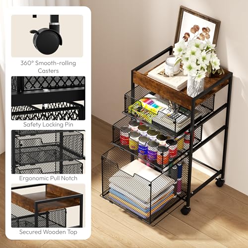 Rolling File Cart with Drawers - 4-Tier Espresso Under-Desk Mobile Office Organizer