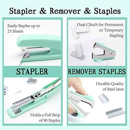 Green Office Supplies,UPIHO Teal Desk Accessories,Stapler and Tape Dispenser Set for Women with Stapler,Tape Dispenser,Staple Remover, Staples, Clips, Scissor and Tabs for Students, Office Clerks
