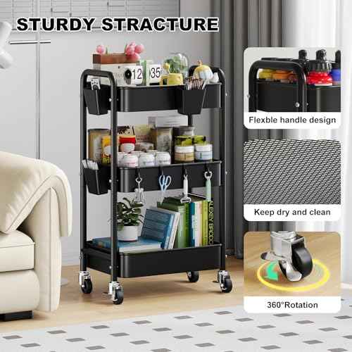 3 Tier Rolling Cart Metal with Wheels, Black Three Tiered Utility Craft Cart Organizer on Wheels, Roller Storage Carts for Baby, Diaper Caddy, Art, Snack, Nail, Lash, Cleaning, Dorm, Bathroom, Laundry