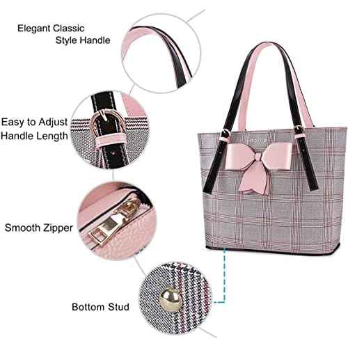 MOSISO Laptop Bag for Women Compatible with MacBook, 17-17.3 inch Notebook and Chromebook, PU Leather Large Capacity Travel Briefcase with Bowknot Grid MO-GID001GYPK