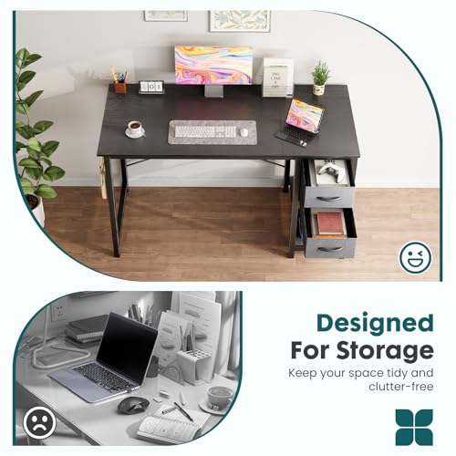 Sweetcrispy Ink 40-Inch Black Computer Desk with Drawers, Office Workspace