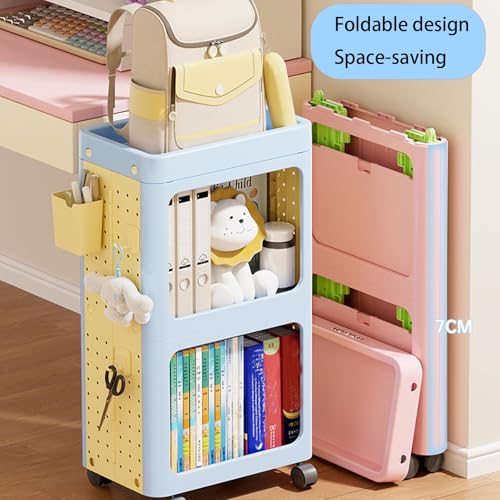 JS Ellie Pink 2-Tier Movable Foldable Large-Capacity Bookshelf with Pegboards, 360° Wheels
