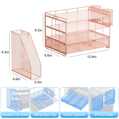 Gianotter Rose Gold 4-Tier Desk Organizer with File Holder, Pen & Drawer Storage