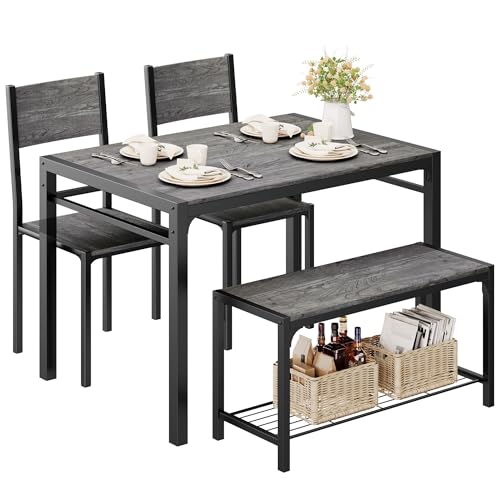 Shahoo Kitchen Table and 2 Chairs for 4 with Bench, 4 Piece Dining Sets for Small Space, Grey Wash